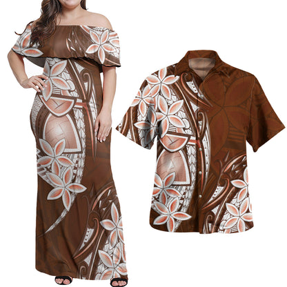 Guam Women Off Shoulder Long Dress Latte Stone Plumeria Flowers