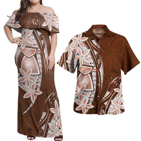 Guam Women Off Shoulder Long Dress Latte Stone Plumeria Flowers