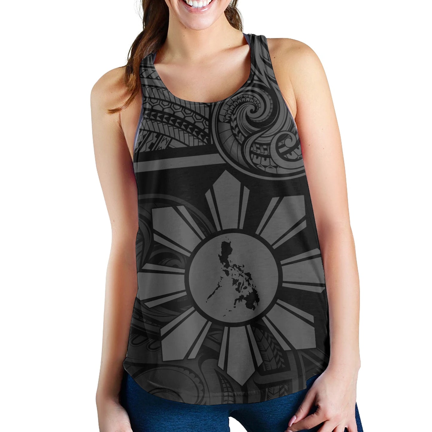 Philippines Filipinos Women Tank Polynesian Tribal Sun And Map Original Style