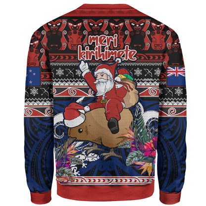 New Zealand Sweatshirt Santa Riding Kiwi Bird Meri Kirihimete Ugly Christmas Maori Patterns