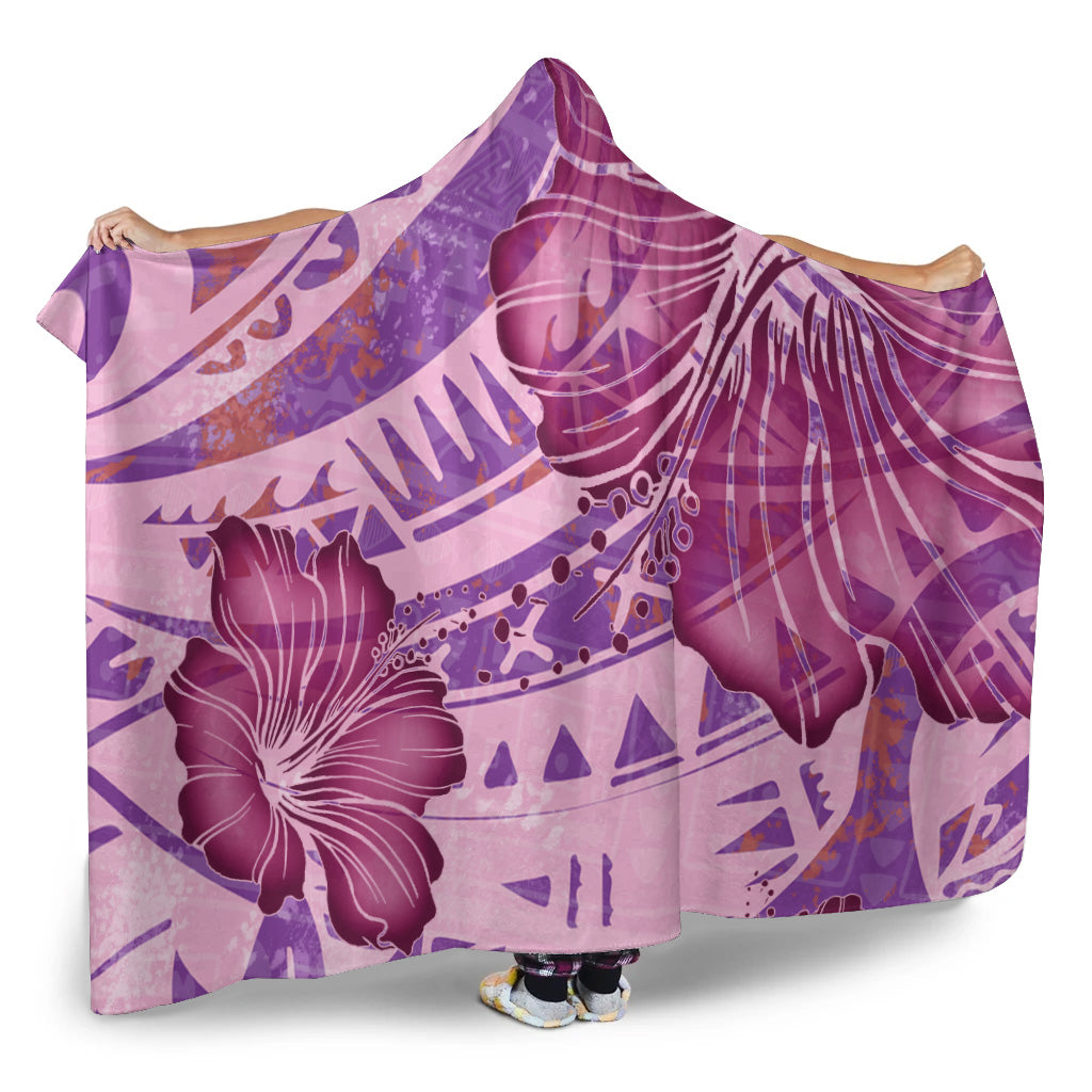 Hawaii Hooded Blanket Polynesian Motif Purple Hibiscus