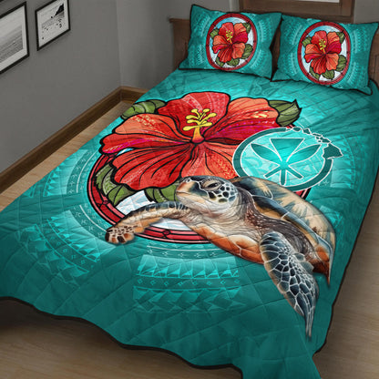 Hawaii Quilt Bed Set Hawaiian Map Turtle Hibiscus Flowers Polynesian Patterns Style