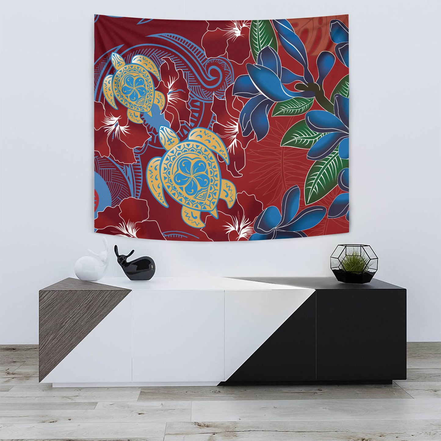 Hawaii Tapestry Polynesian Cultures Turtle Couple Tropical Flowers Red Color