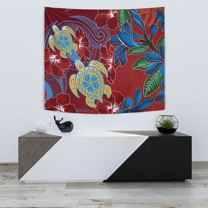 Hawaii Tapestry Polynesian Cultures Turtle Couple Tropical Flowers Red Color