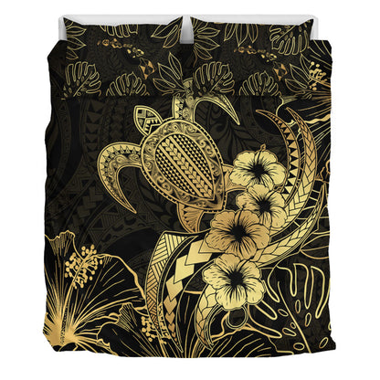Hawaii Bedding Set Tribal Polynesia Floral Gold Art