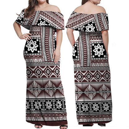 Fiji Woman Off Shoulder Long Dress Bula Fijian Masi Tapa Vintage Style