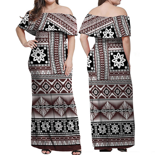 Fiji Woman Off Shoulder Long Dress Bula Fijian Masi Tapa Vintage Style