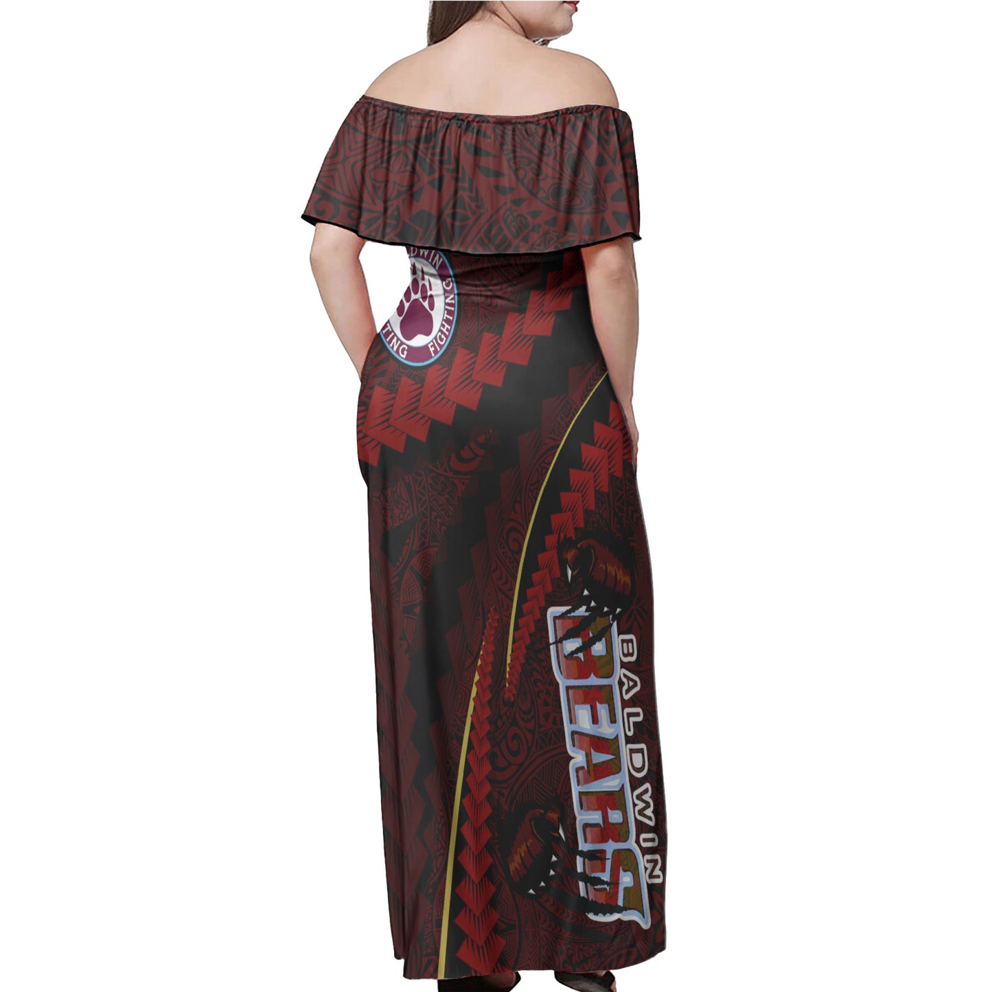 Baldwin High School Woman Off Shoulder Long Dress - Custom Baldwin Super Bears Polynesian Tribal Pattern Scratch Style