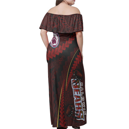 Baldwin High School Woman Off Shoulder Long Dress - Custom Baldwin Super Bears Polynesian Tribal Pattern Scratch Style