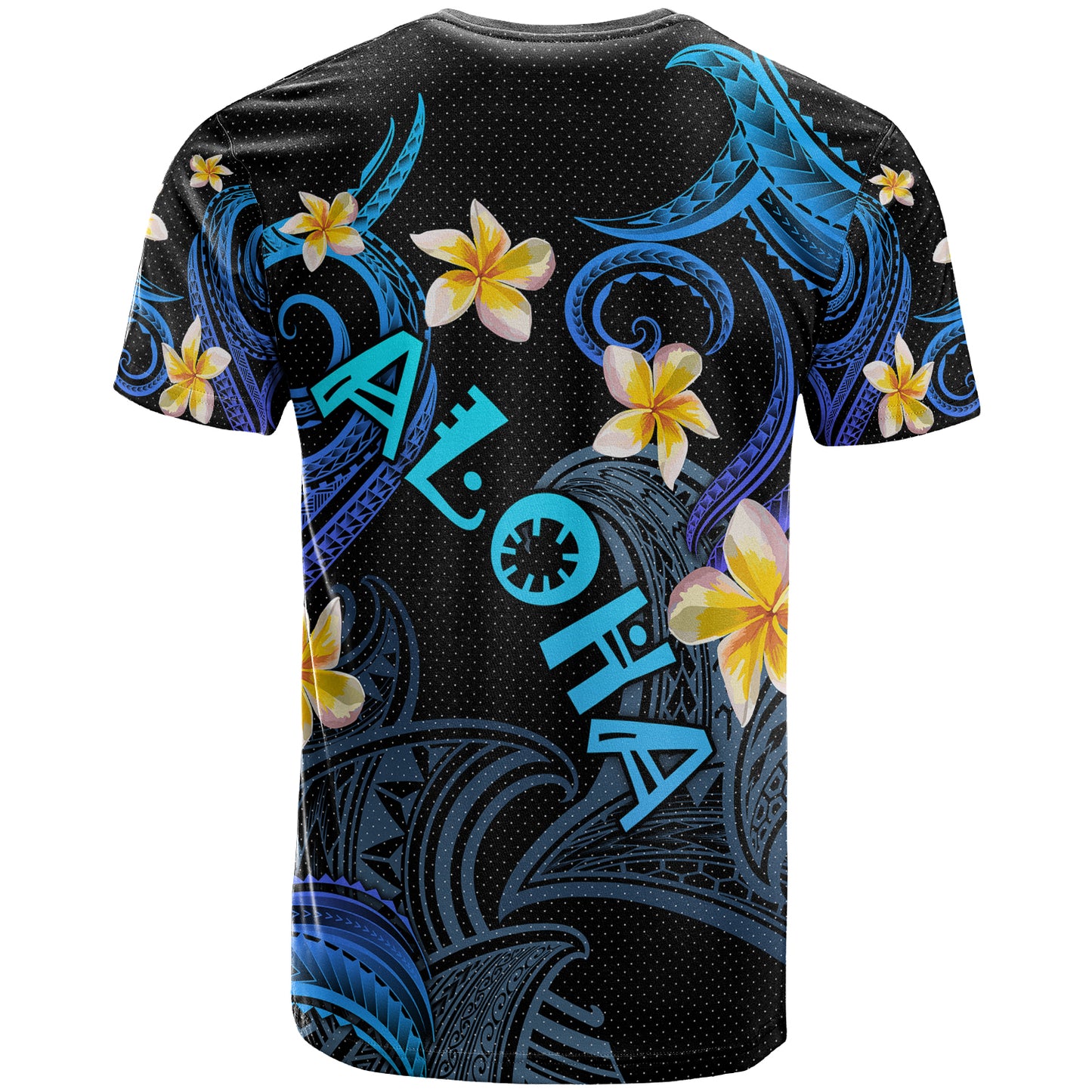 Personalized Kanaka Maoli T-shirt - Hawaii Polynesian Waves with Plumeria Flowers (Blue)