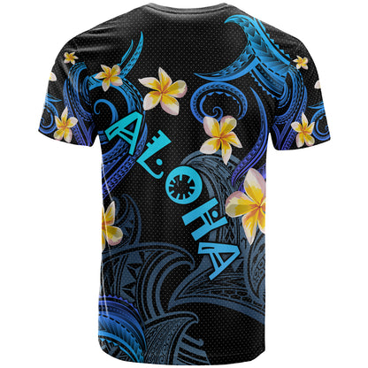 Personalized Kanaka Maoli T-shirt - Hawaii Polynesian Waves with Plumeria Flowers (Blue)