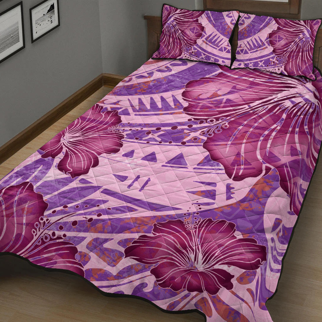Hawaii Quilt Bed Set Polynesian Motif Purple Hibiscus