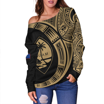 Guam Off Shoulder Sweatshirt Polynesia Tribal Spirits Of Guam Seal
