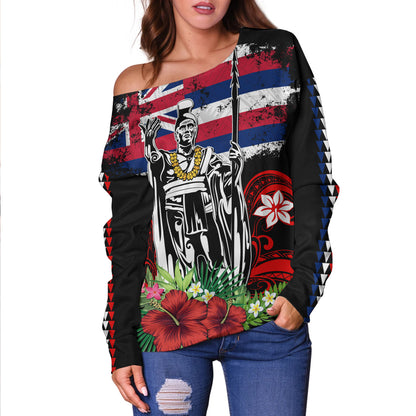 Hawaii Off Shoulder Sweatshirt King Kamehameha I Tribal Flag Tropical Style