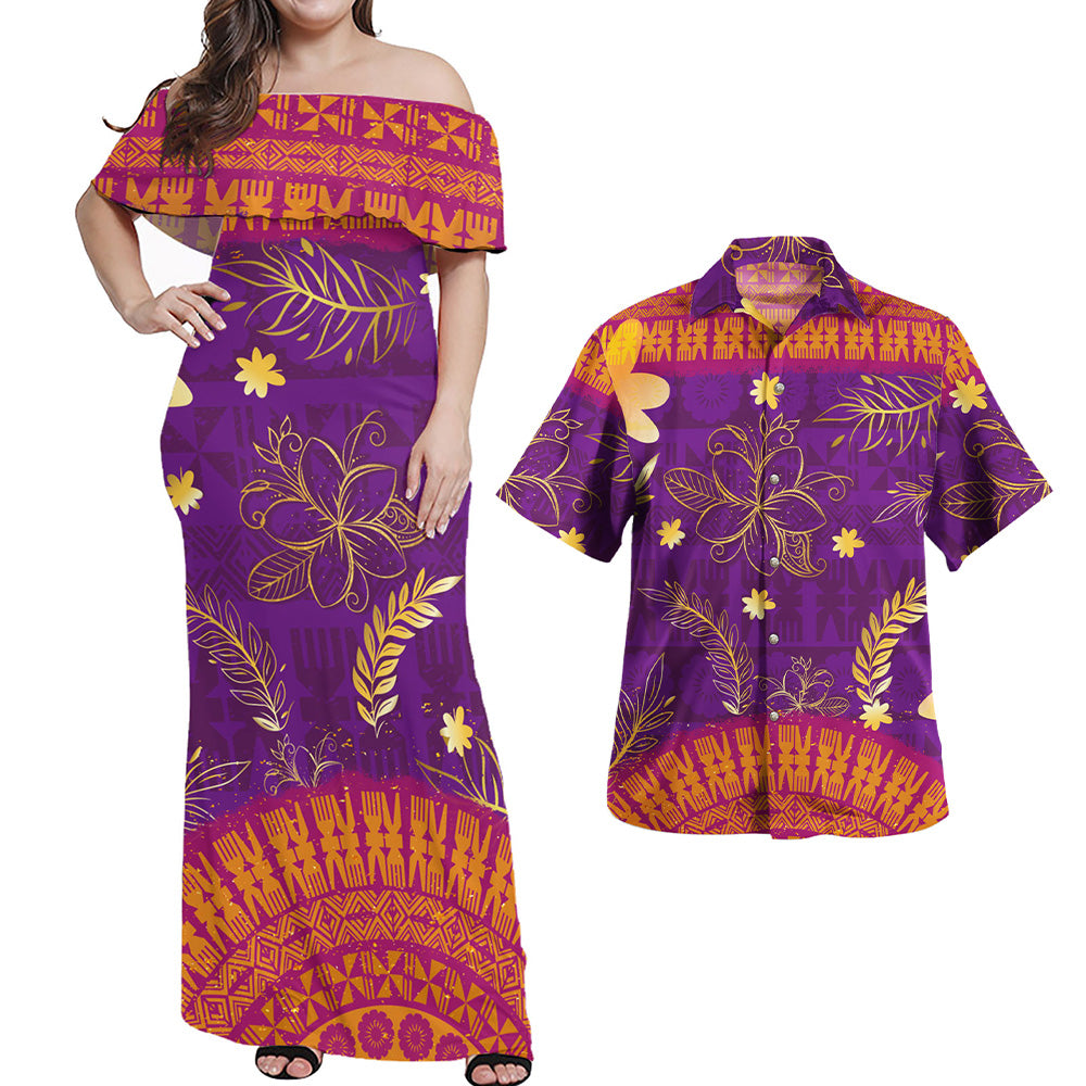 Fiji Combo Off Shoulder Long Dress And Shirt Fiji Tapa Tropical Plumeria Flowers Bouquet