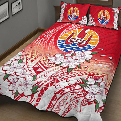 Tahiti Quilt Bed Set Polynesian Pattern Style White Flowers