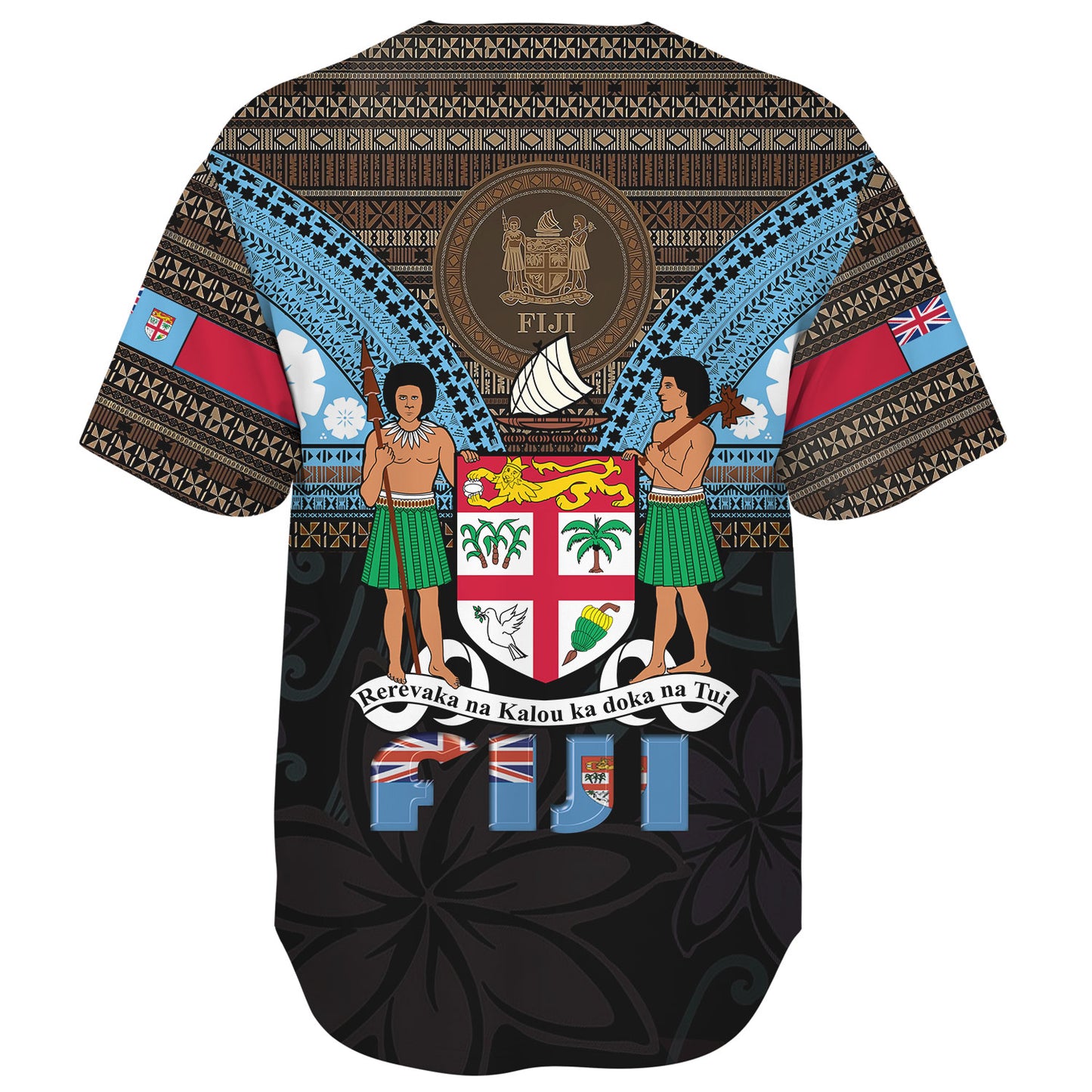 Fiji Baseball Shirt Fiji Brown Masi Design With Coat Of Arms Tribal Half Black