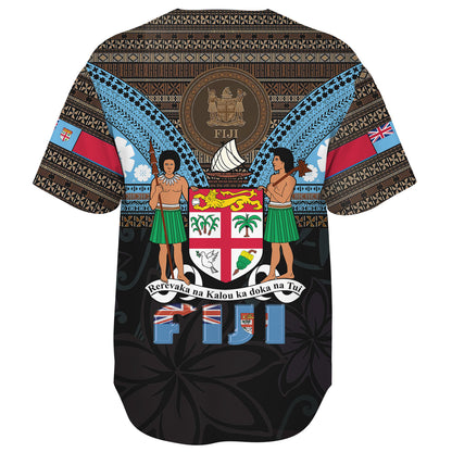 Fiji Baseball Shirt Fiji Brown Masi Design With Coat Of Arms Tribal Half Black