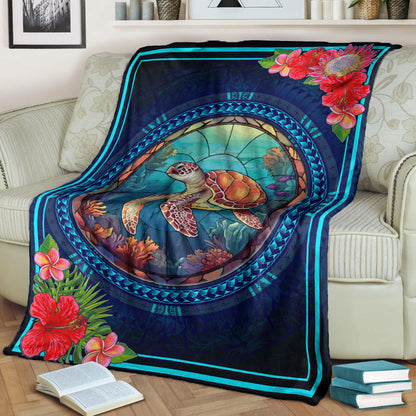 Hawaii Premium Blanket Polynesian Patterns Turtle Mascot WaterColor Style