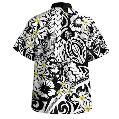 Polynesian Combo Off Shoulder Long Dress And Shirt - Tropical Tribal Turtle With Fish Hook Pure Black
