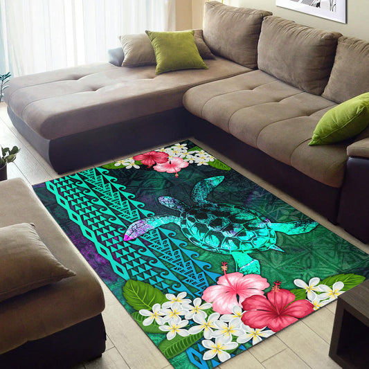 Hawaii Area Rug Sea Turtle Abstract Background With Tropical Flowers Hibiscus And Plumeria