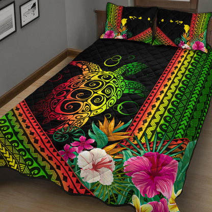 Hawaii Quilt Bed Set Turtle Polynesian Pattern Reggae Color
