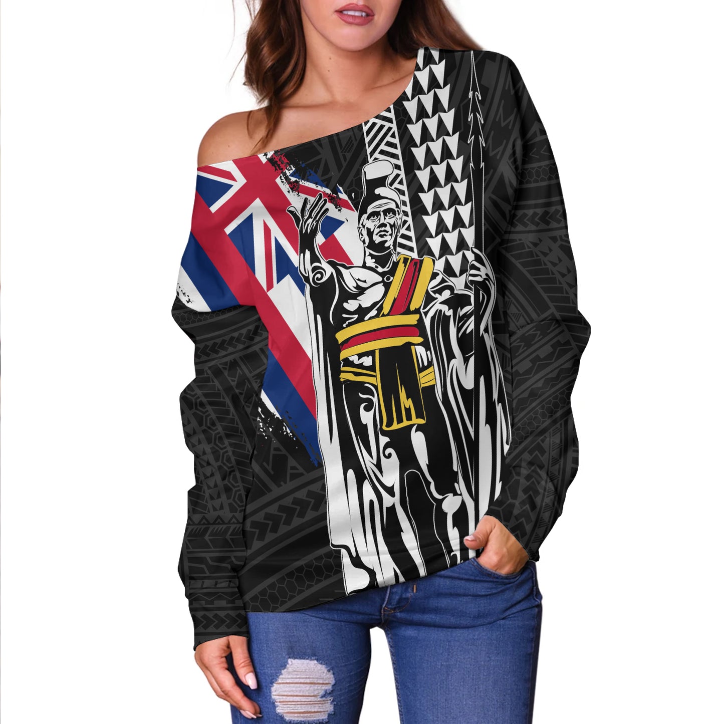 Hawaii Off Shoulder Sweatshirt King Kamehameha I Kakau Flag Grunge