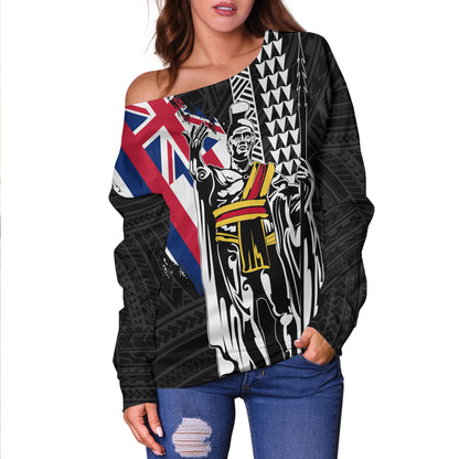 Hawaii Off Shoulder Sweatshirt King Kamehameha I Kakau Flag Grunge