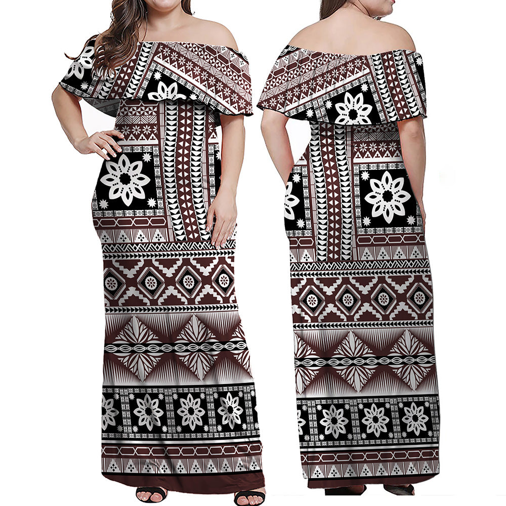 Fiji Combo Off Shoulder Long Dress And Shirt Bula Fijian Masi Tapa Vintage Style