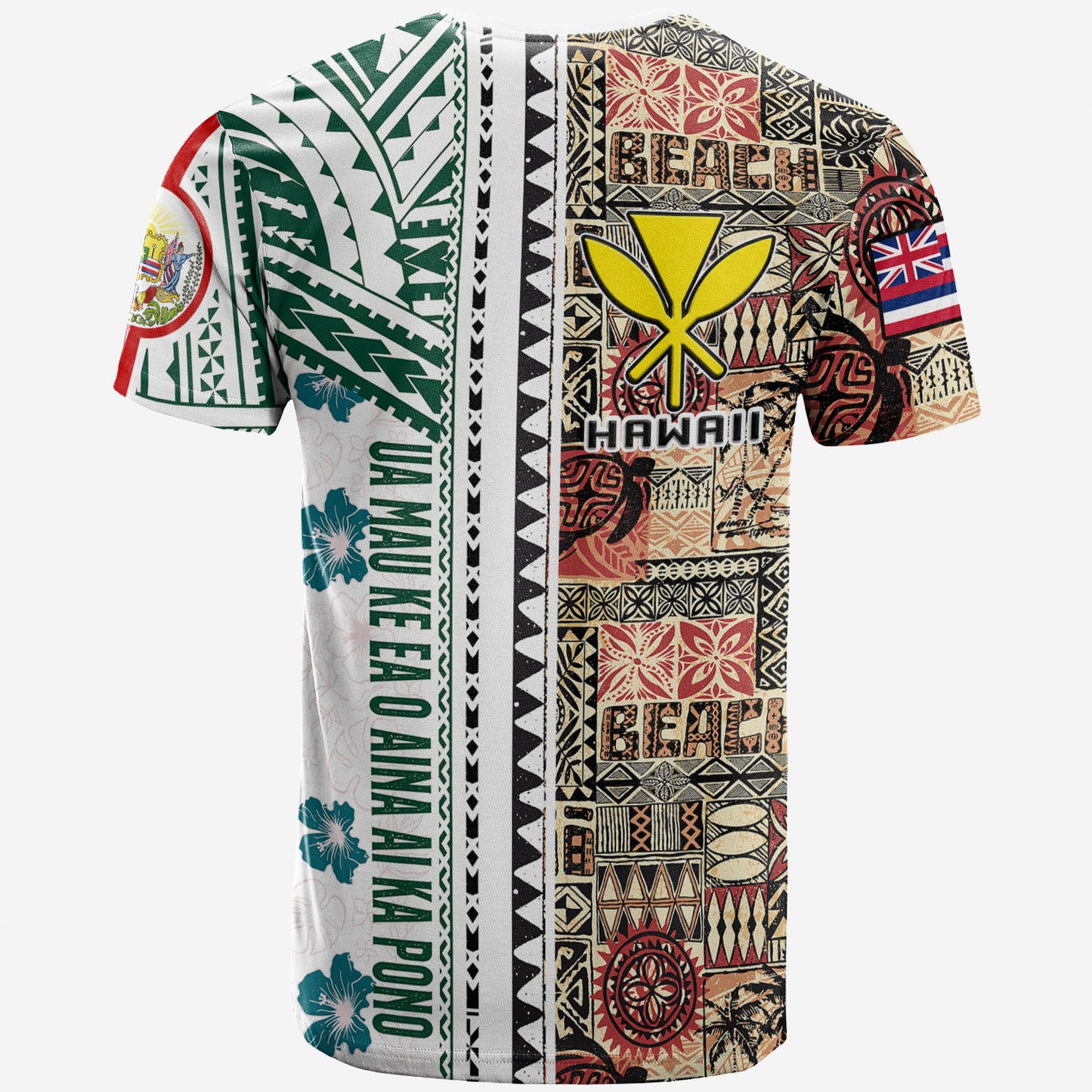 Hawaii Motto T-Shirt - Custom Hawaiian Style Tapa Polynesian Tribal Patterns With Hawaii Seal And Kanaka Maoli Flag