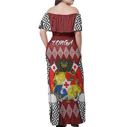 Tonga Woman Off Shoulder Long Dress - Pattern Inspired By Tonga And Polynesian With Coat Of Arms