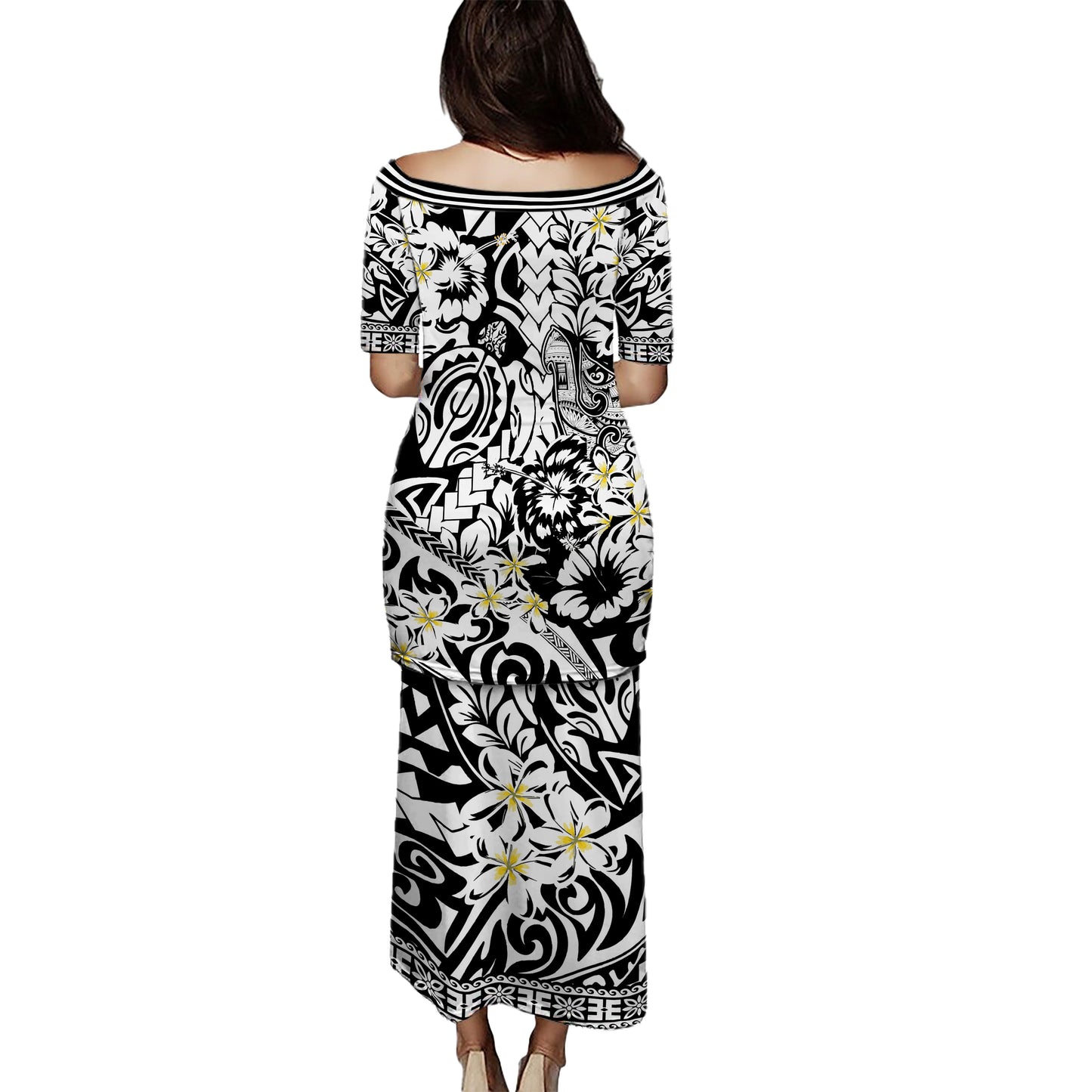 Polynesian Puletasi Tropical Tribal Turtle With Fish Hook Pure Black