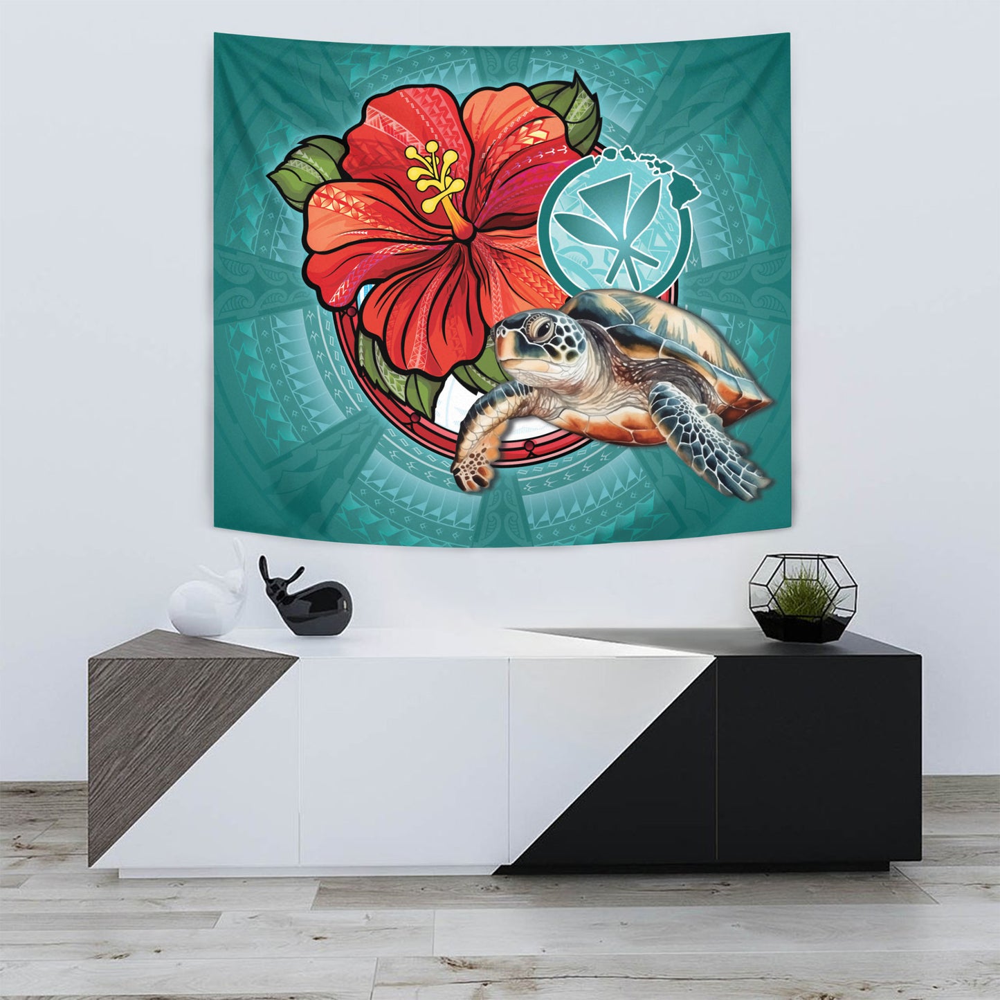 Hawaii Tapestry Hawaiian Map Turtle Hibiscus Flowers Polynesian Patterns Style