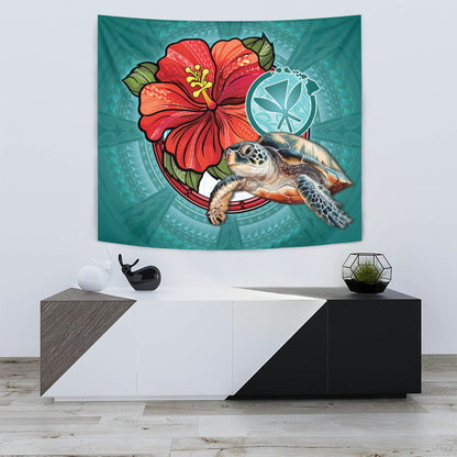 Hawaii Tapestry Hawaiian Map Turtle Hibiscus Flowers Polynesian Patterns Style