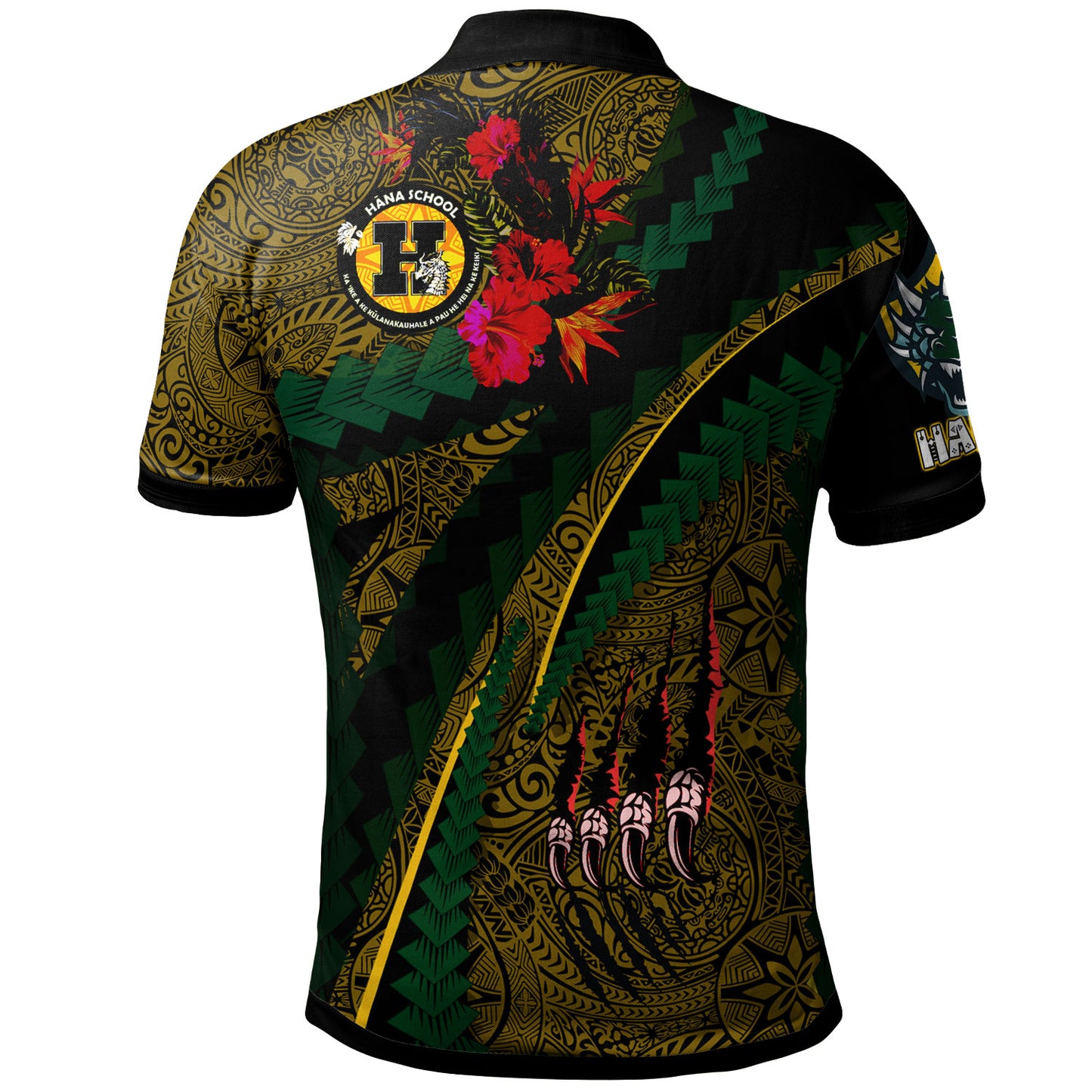 Hawaii Hana High School Custom Polo Shirt - Hana Dragons With Tropical Tribal Pattern Scratch Style