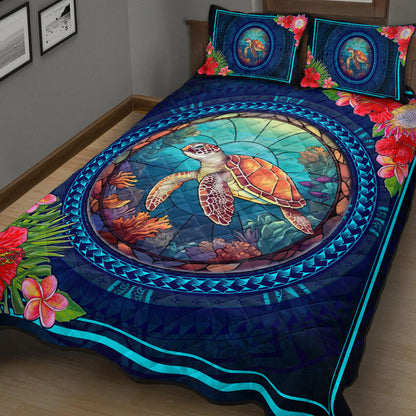 Hawaii Quilt Bed Set Polynesian Patterns Turtle Mascot WaterColor Style