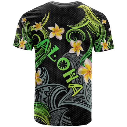 Personalized Kanaka Maoli T-shirt - Hawaii Polynesian Waves with Plumeria Flowers  (Green)
