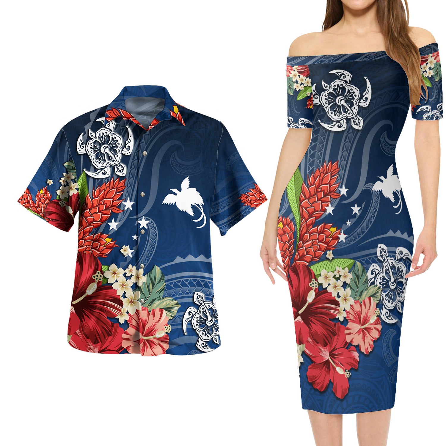 Papua New Guinea Combo Short Sleeve Dress And Shirt  Flower And Turtle