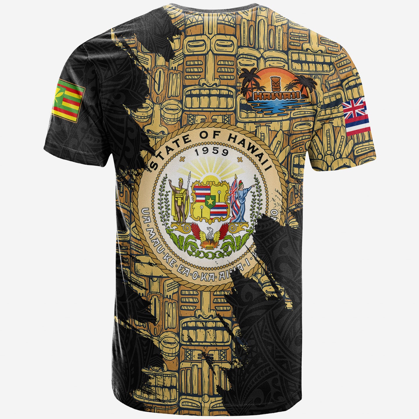 Hawaii T-Shirt - Custom Hawaii Seal With Surfing Tiki Masks Hawaiian Wooden Tribal Patterns T-Shirt