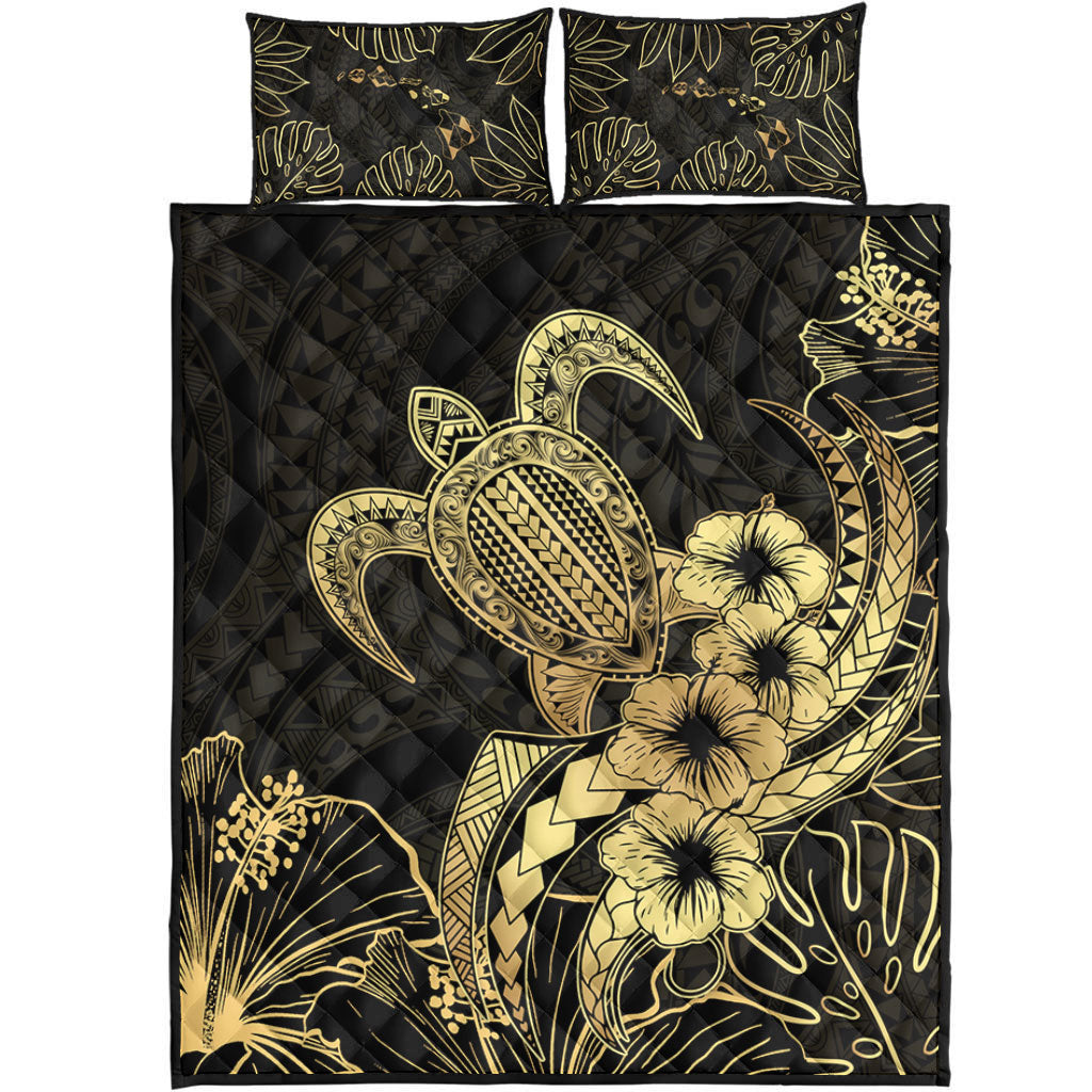 Hawaii Quilt Bed Set Tribal Polynesia Floral Gold Art