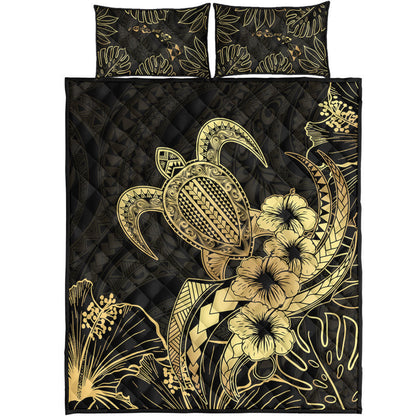 Hawaii Quilt Bed Set Tribal Polynesia Floral Gold Art