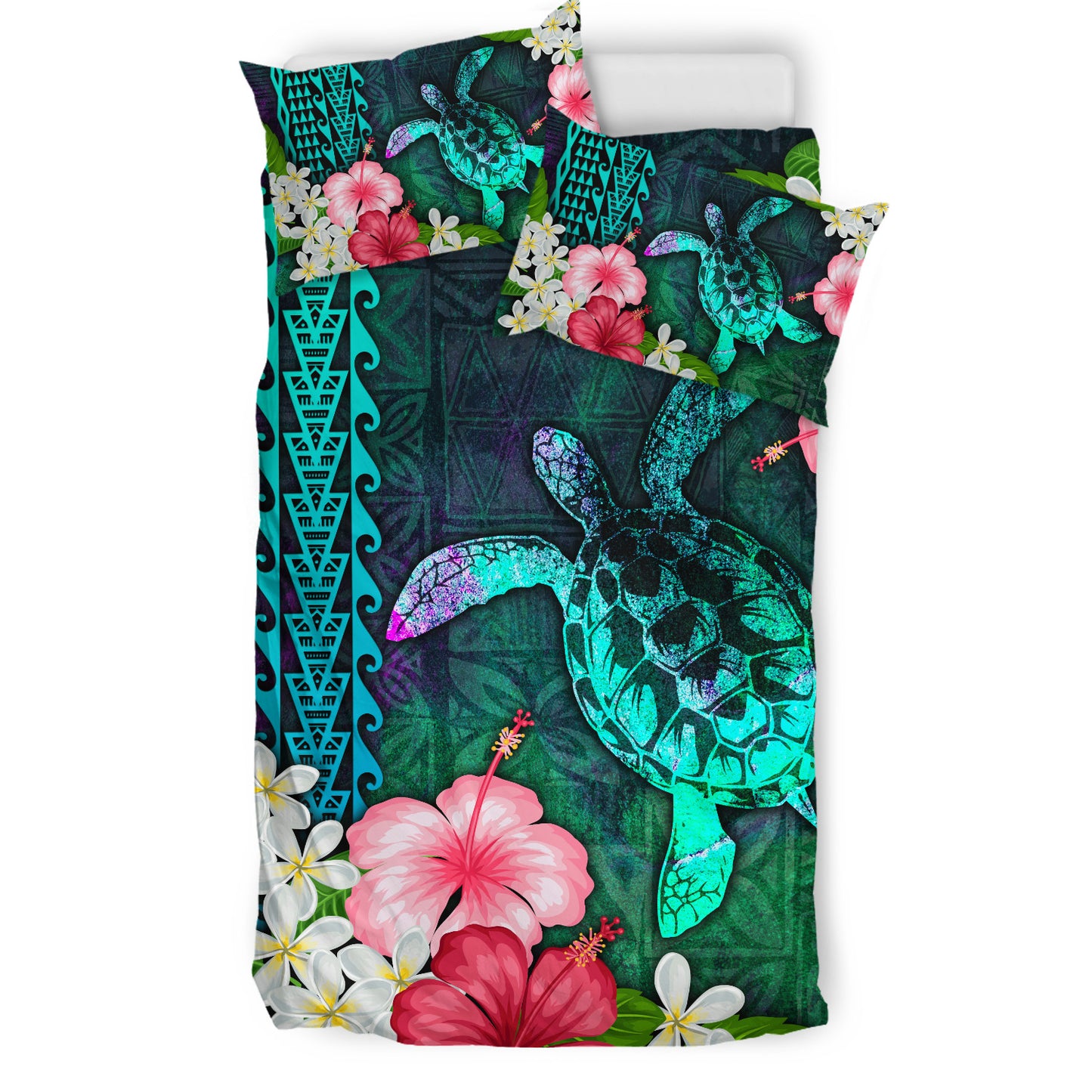 Hawaii Bedding Set Sea Turtle Abstract Background With Tropical Flowers Hibiscus And Plumeria
