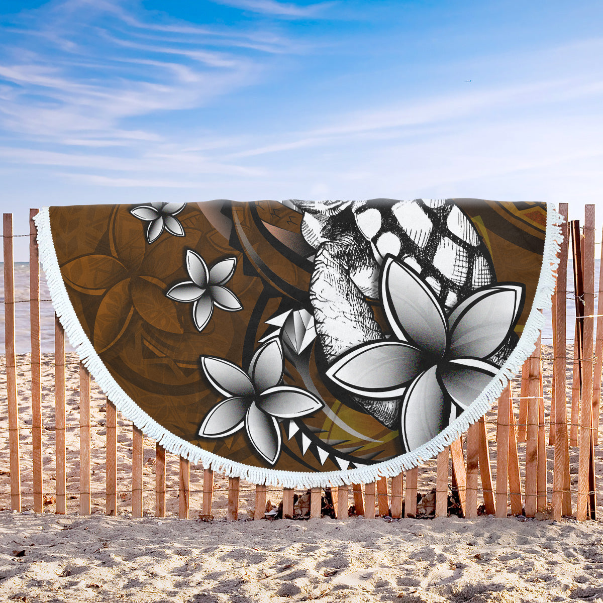 Hawaii Beach Blanket Sea Turtle With Plumeria Polynesian Patterns Retro Style