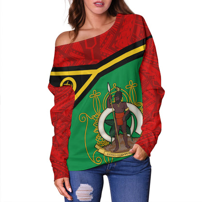 Vanuatu Off Shoulder Sweatshirt Melanesia Flag And Coat Of Arms