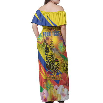 New Caledonia Woman Off Shoulder Long Dress - Custom Emblem of New Caledonia with Rufous whistler And Hibiscus