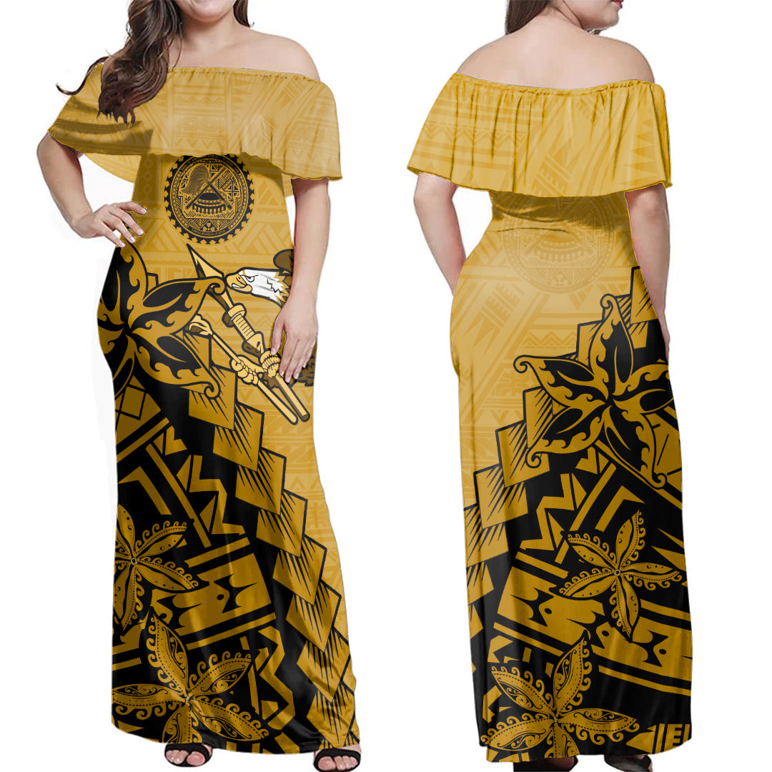 American Samoa Combo Dress And Shirt - AS Bald Eagle With Plumeria Tropical Vintage Tribal Gold