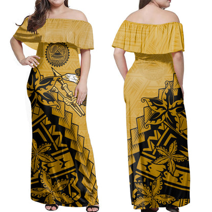 American Samoa Combo Dress And Shirt - AS Bald Eagle With Plumeria Tropical Vintage Tribal Gold