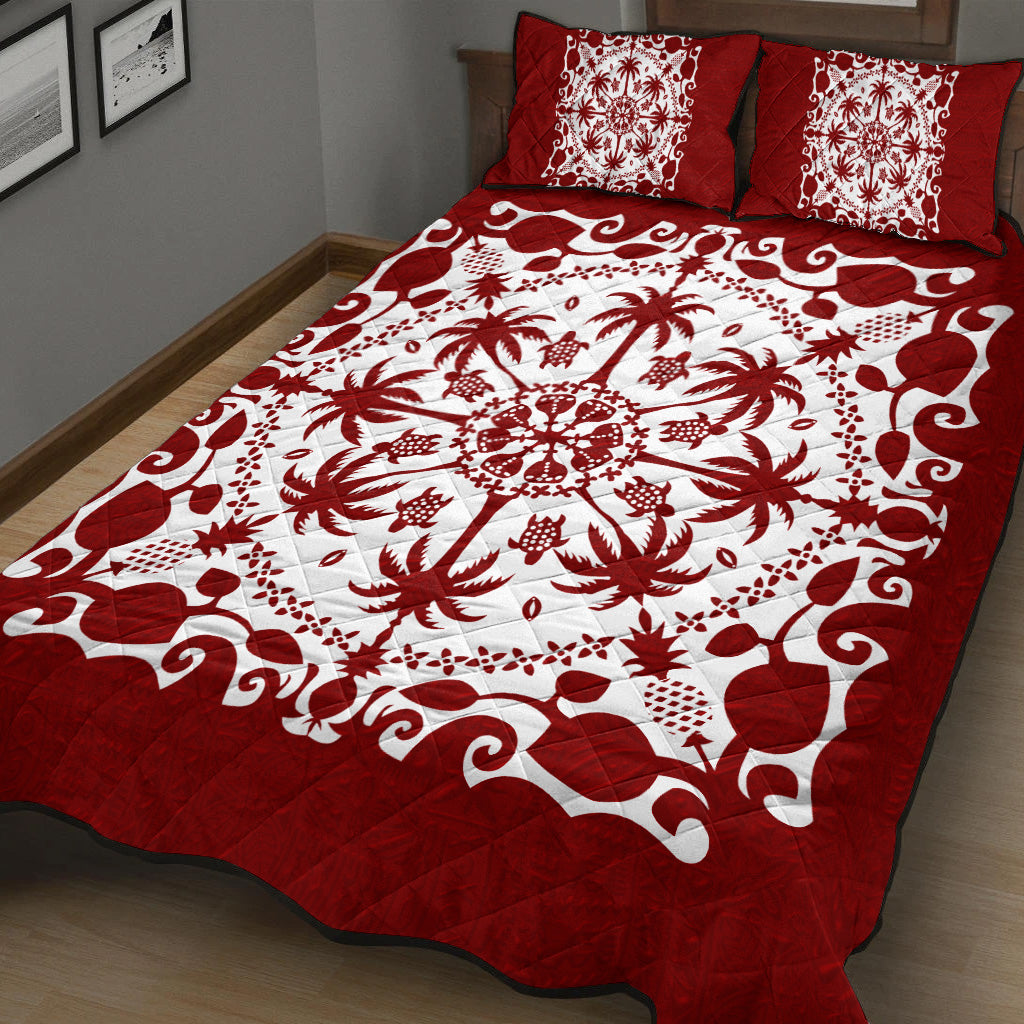 Hawaii Quilt Bed Set Red Hawaii Pattern Palm Trees and Turtles Polynesian