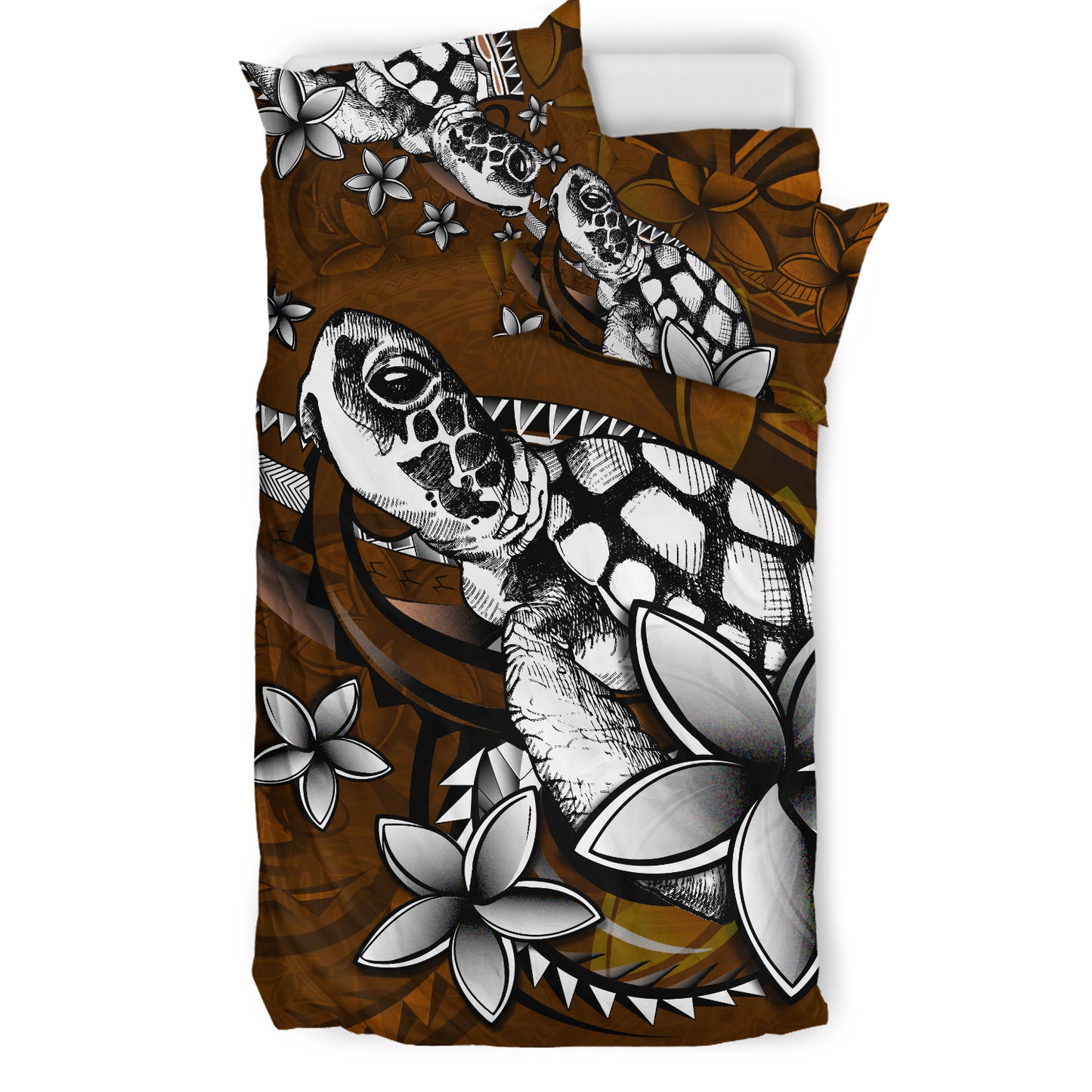 Hawaii Bedding Set Sea Turtle With Plumeria Polynesian Patterns Retro Style