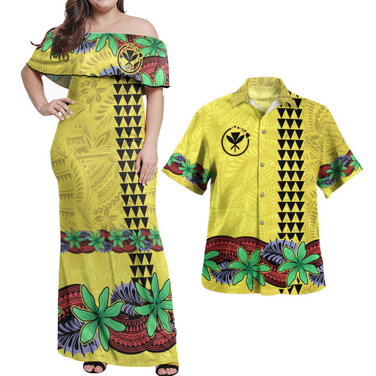 Hawaii Combo Off Shoulder Long Dress And Shirt Kanaka Maoli Map Seal Tropical Flowers Yellow Color